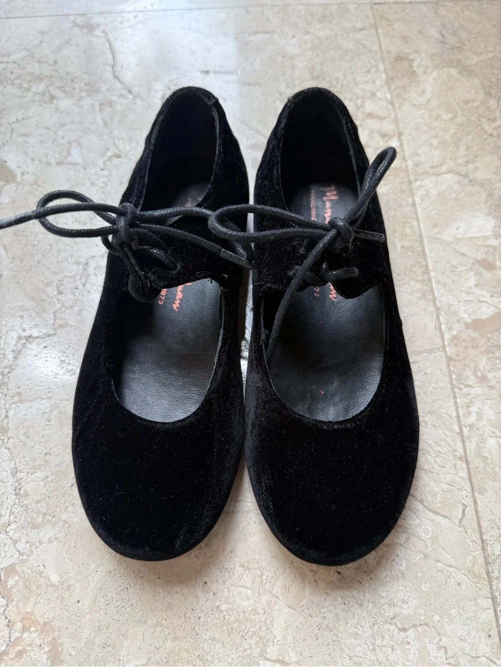 Girls' Black Velvet Lace-Up Dress Flats